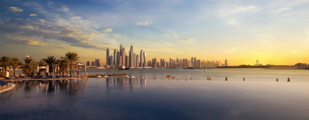 Panorama of Dubai Marina Skyline at sunset United Arab Emirates